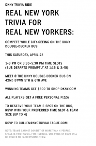Flyer advertising a NYC Double-Decker Bus trivia event with prizes.
