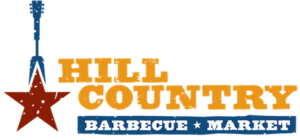 Colorful logo for Hill Country Barbecue Market with bold text and star icons.