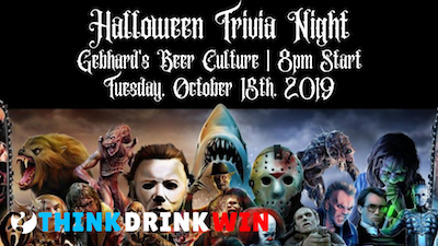 Halloween Trivia Night poster featuring horror icons and event details.