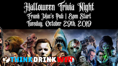 Halloween Trivia Night poster with horror icons, October 29th, 2019.
