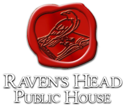 Logo of Raven's Head Public House featuring a red wax seal with a raven.