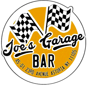 Logo for Joe's Garage Bar with checkered flags.
